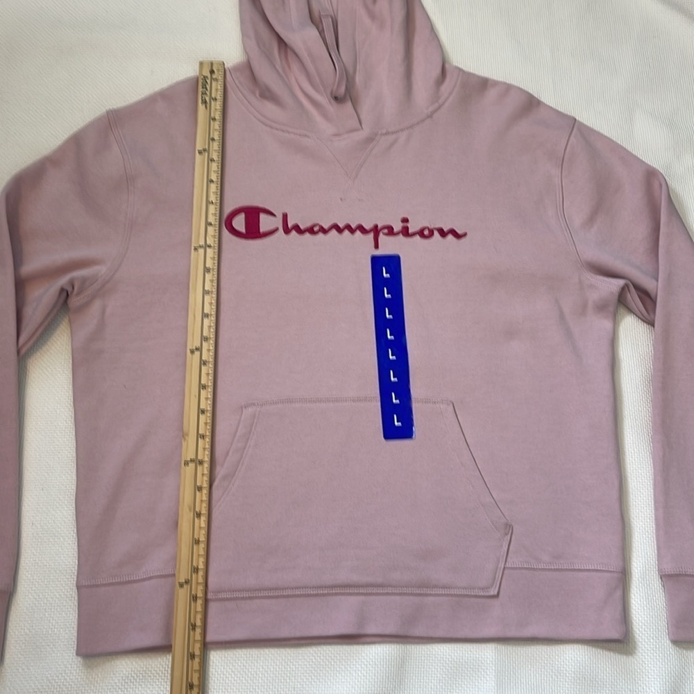 NWT Champion Powerblend Sweatshirt Hoodie Embroidered Script Logo SZ L Hush Pink - Picture 11 of 13